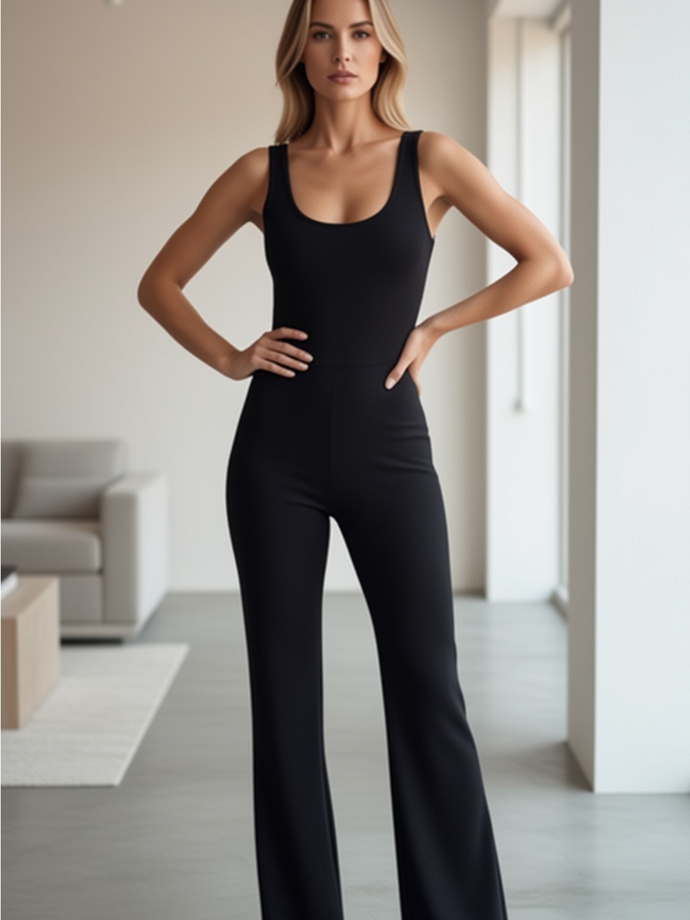 Black Scoop Neck Jumpsuit - Sleek Wide-Leg Romper